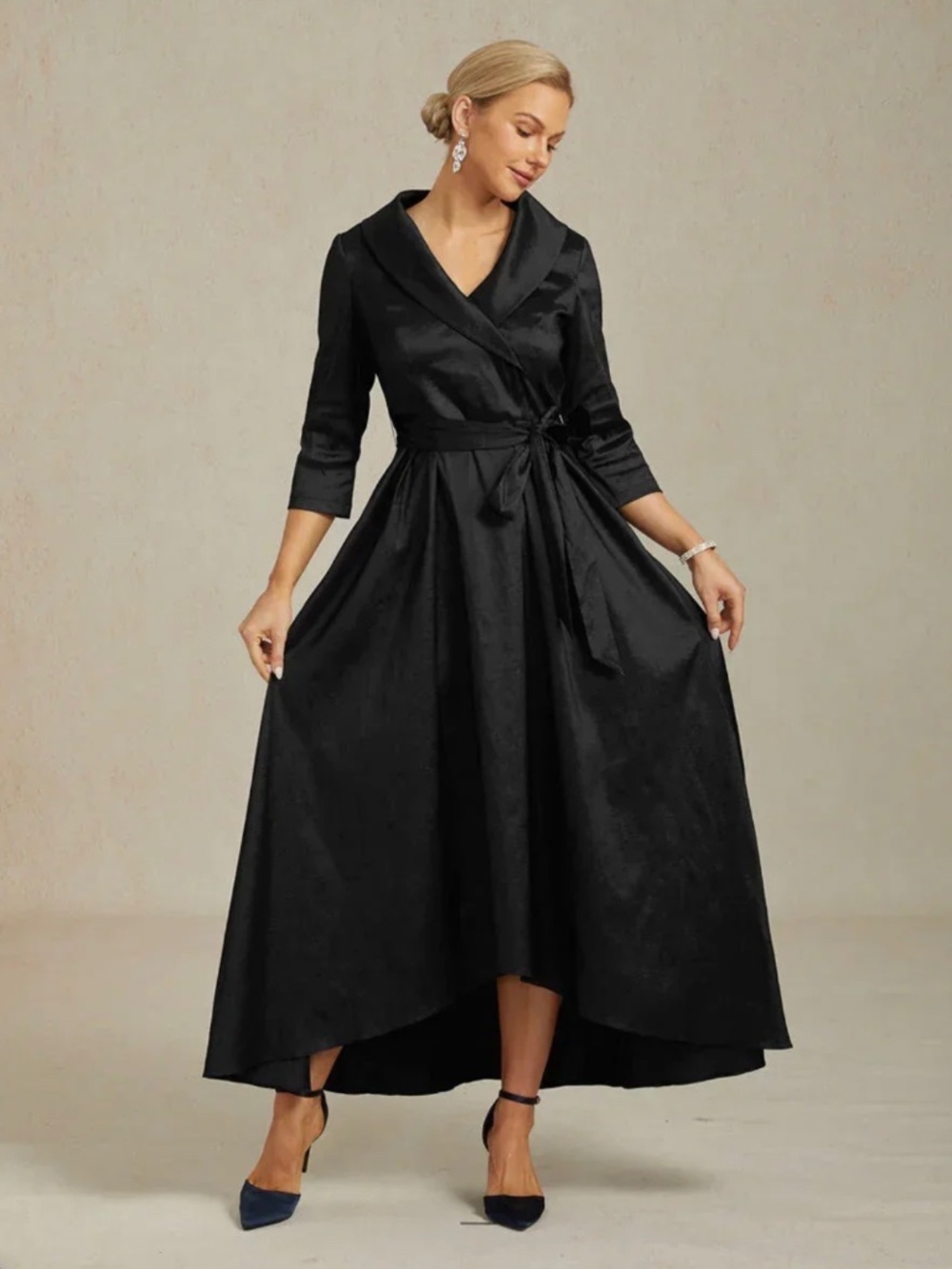 MSGLAMOR XXL Black High Low Taffeta Cocktail Dress with Tie Belt